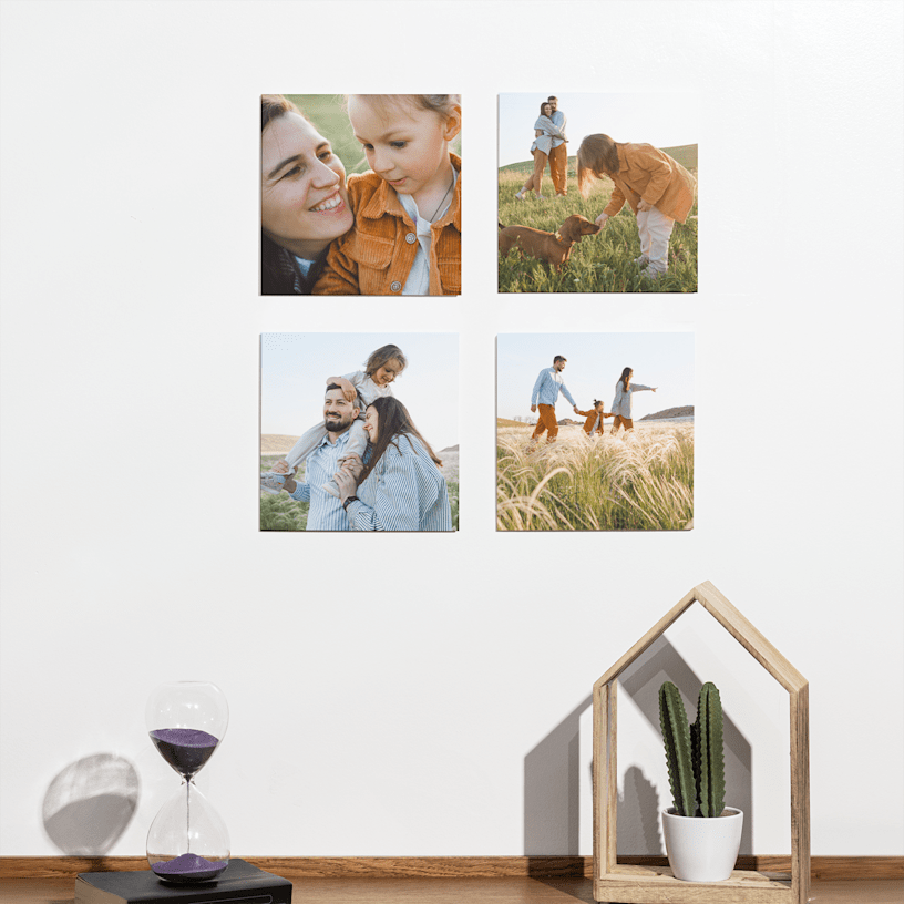 Um conjunto de telas personalizadas expostas numa parede e impressas com imagens de uma família num prado. 