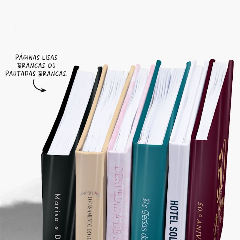 Lombadas de livros de convidados para diversas ocasiões, como despedidas de solteira e festas de aniversário. 