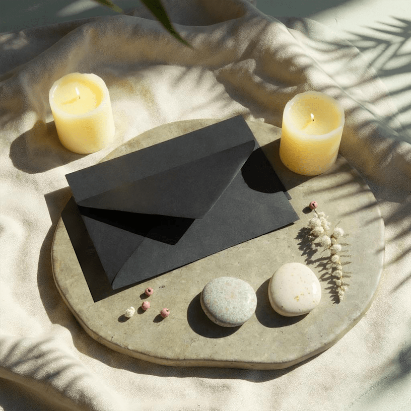 Um envelope preto personalizado numa bandeja de pedra, rodeado de velas e pedrinhas. 