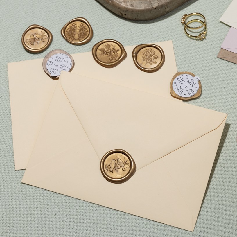 Um envelope creme selado com um selo de cera dourado e outros selos de cera dourados espalhados numa superfície.