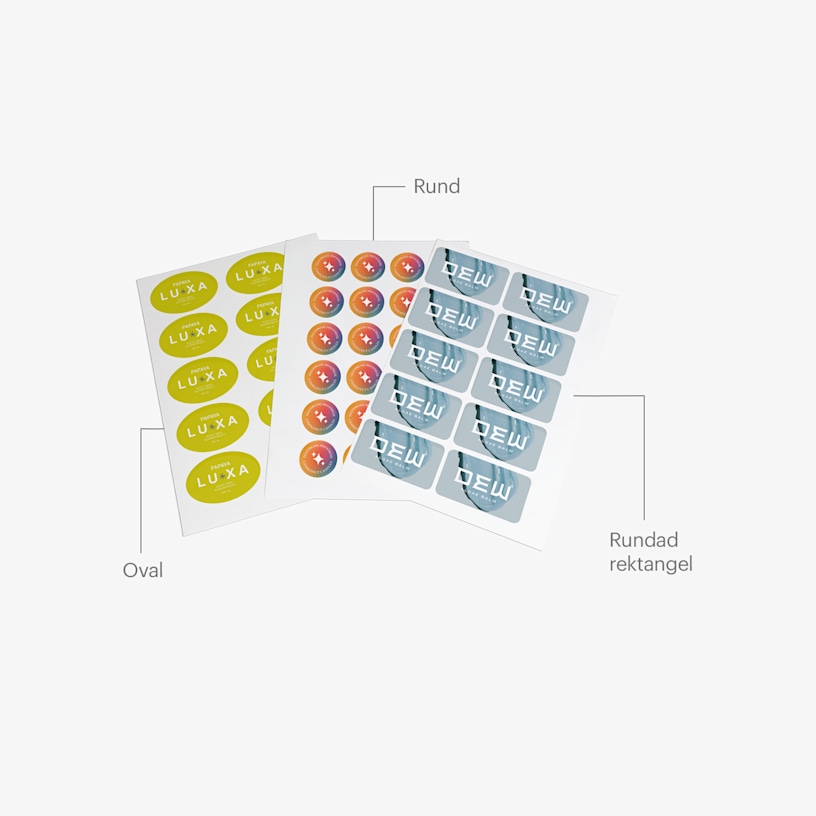 Tre ark med klistermärken och stickers, med anteckningar om de olika formerna; oval, rund och rundad rektangel.