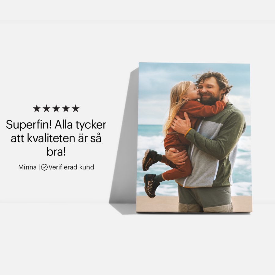 En tryckt kanvastavla med ett foto av en far och dotter på stranden samt en kundrecension: ”Superfin! Alla tycker att kvaliteten är så bra!” 