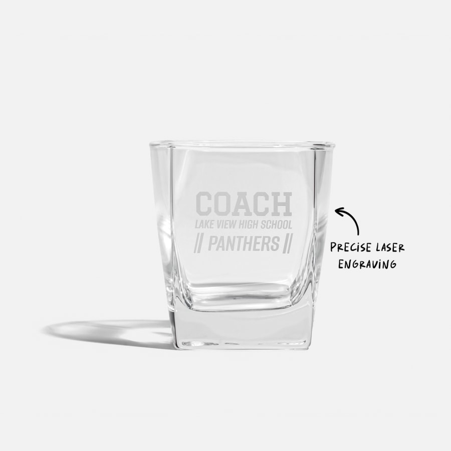 A tumbler personalised for a sports team with a text call out that reads, "precise laser engraving".