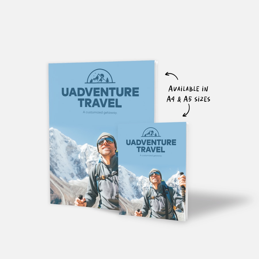 A5 and A4 size booklets promoting a travel agency, side by side.
