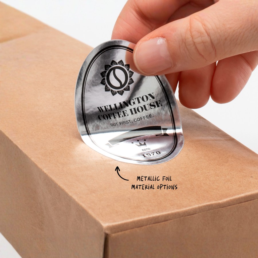 A silver foil sticker promoting a coffee shop, used on kraft paper wrap.  Boyrun: Metallic Foil Material Options