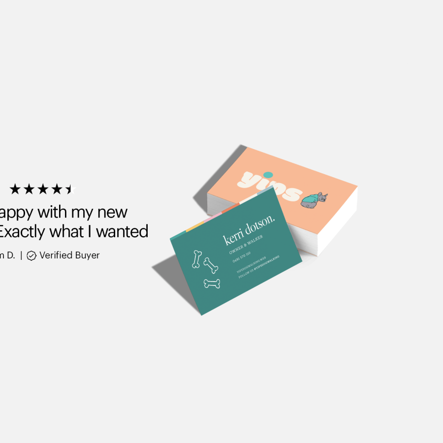 A customer review for business cards that reads: “So happy with my new cards… Exactly what I wanted