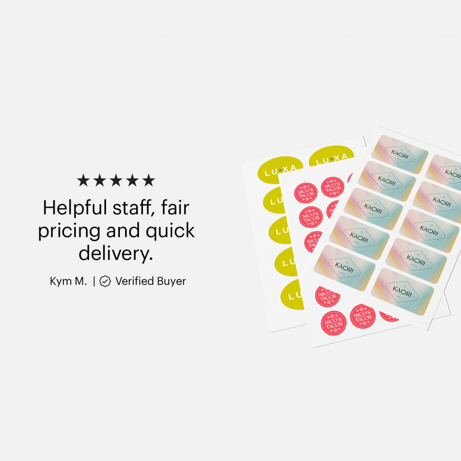 A customer review for custom sheet stickers that reads: "Helpful staff, fair pricing and quick delivery."
