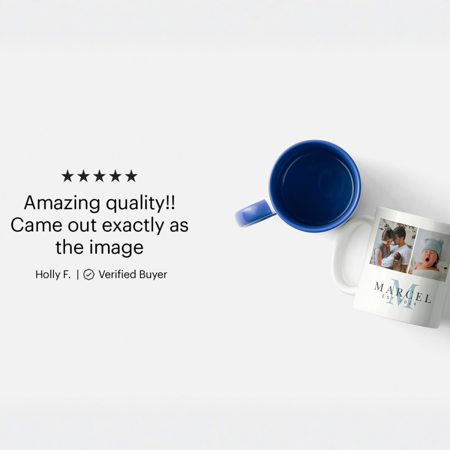A customer review for personalised mugs that reads: "Amazing quality!! Came out exactly as the image
