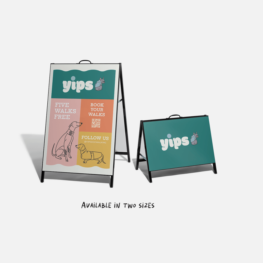Two A-frames promoting a dog walking service, in two different sizes.