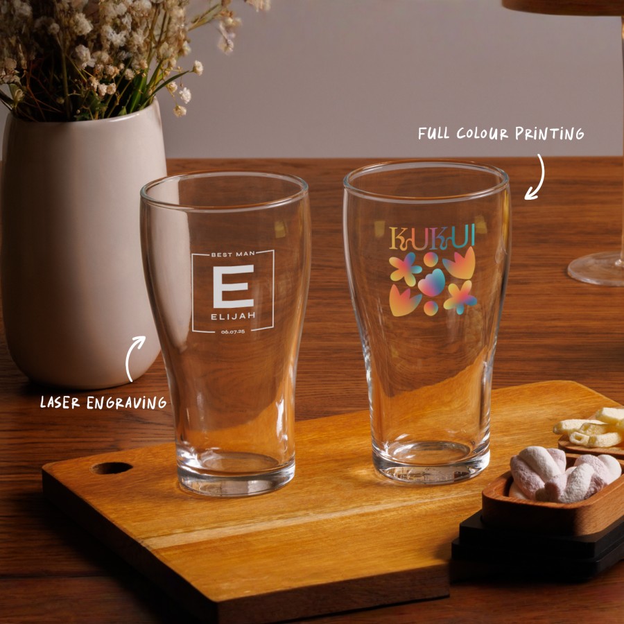 Two beer glasses; one showing the laser engraving option and another the full-colour printing option.