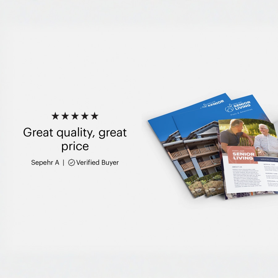 A customer review for booklets that reads: “Great quality, great price”