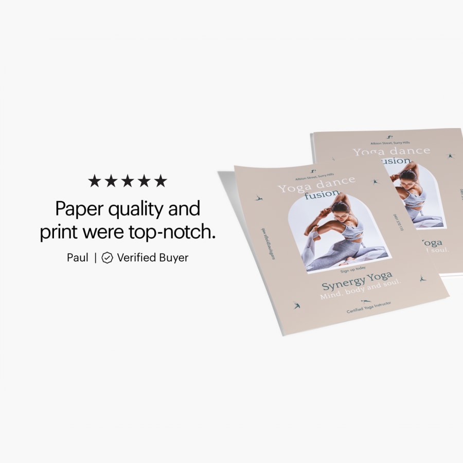A customer review for flyers, which reads: "Paper quality and print were top-notch."