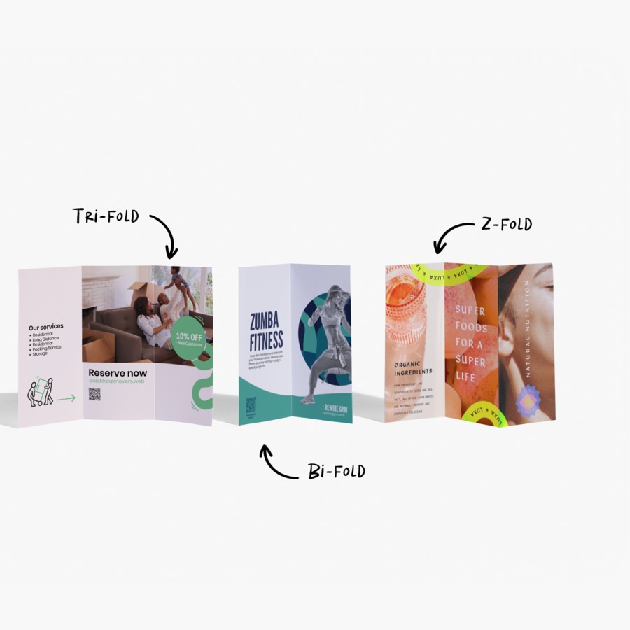 Three different flyer fold styles, side by side: tri-fold, bi-fold and Z-fold.