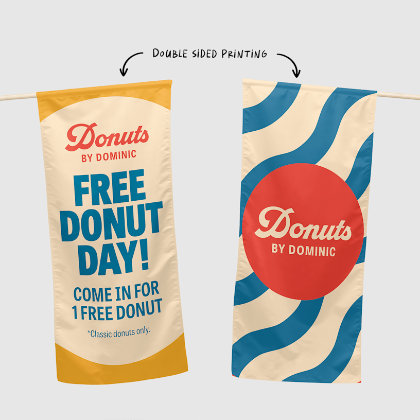 A wall flag promoting a donut shop, featuring a printed front and back.
