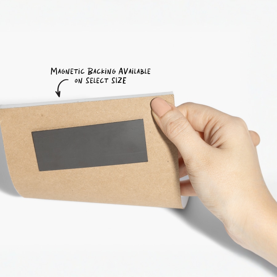 A memo pad with a magnetic backing.