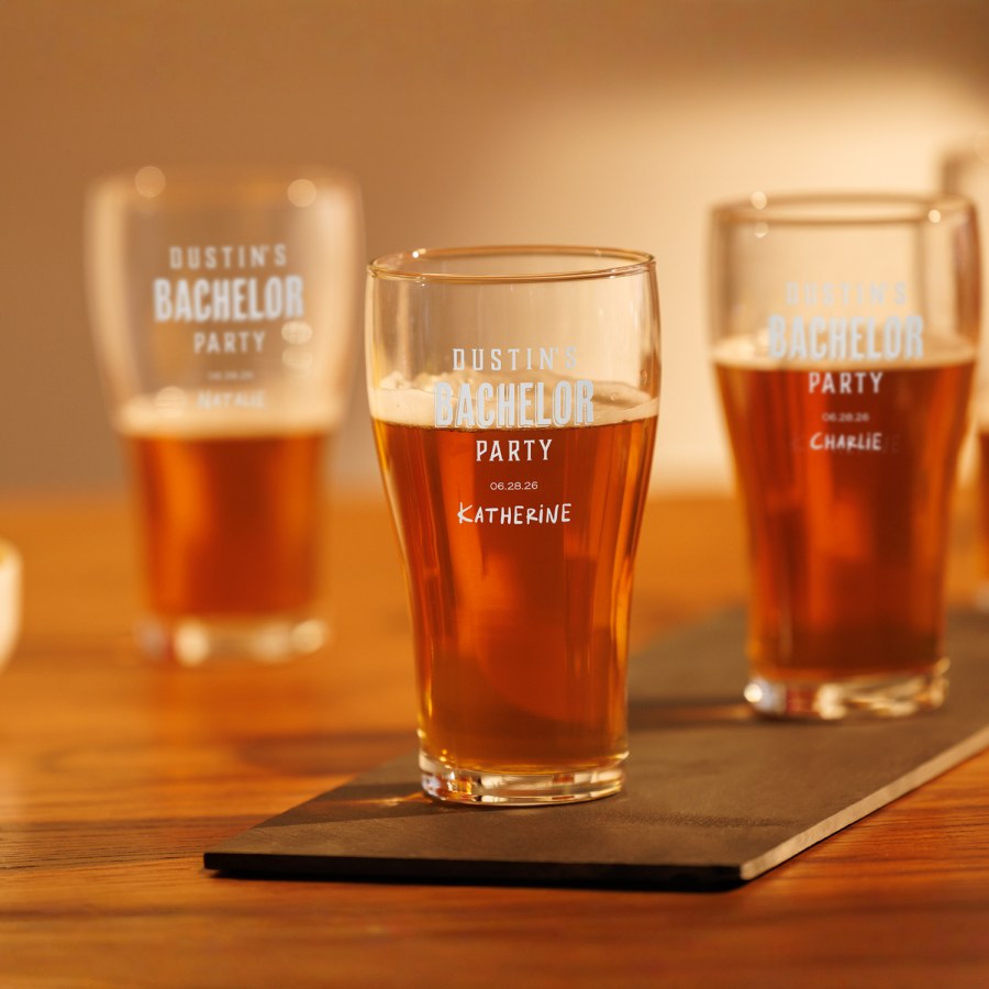Beer glasses personalised for a bridal party.