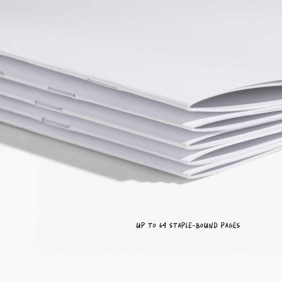 A closeup of the booklets' saddle stitch binding.