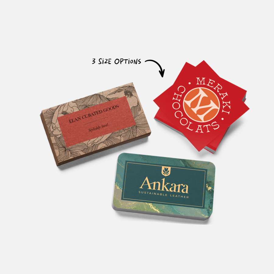 Three business cards of different sizes: standard corners, rounded corners and square.