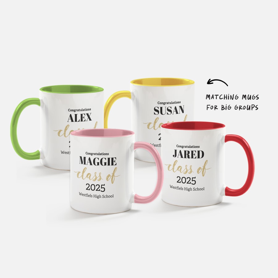 Four matching mugs for a graduating batch of students, customised with the Names feature.