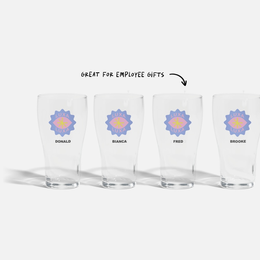 Four beer glasses featuring a business logo and team members names.