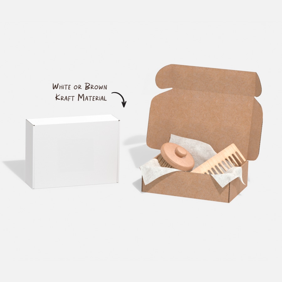 A white E-flute cardboard mailing box and a brown E-flute cardboard mailing box, side by side. 