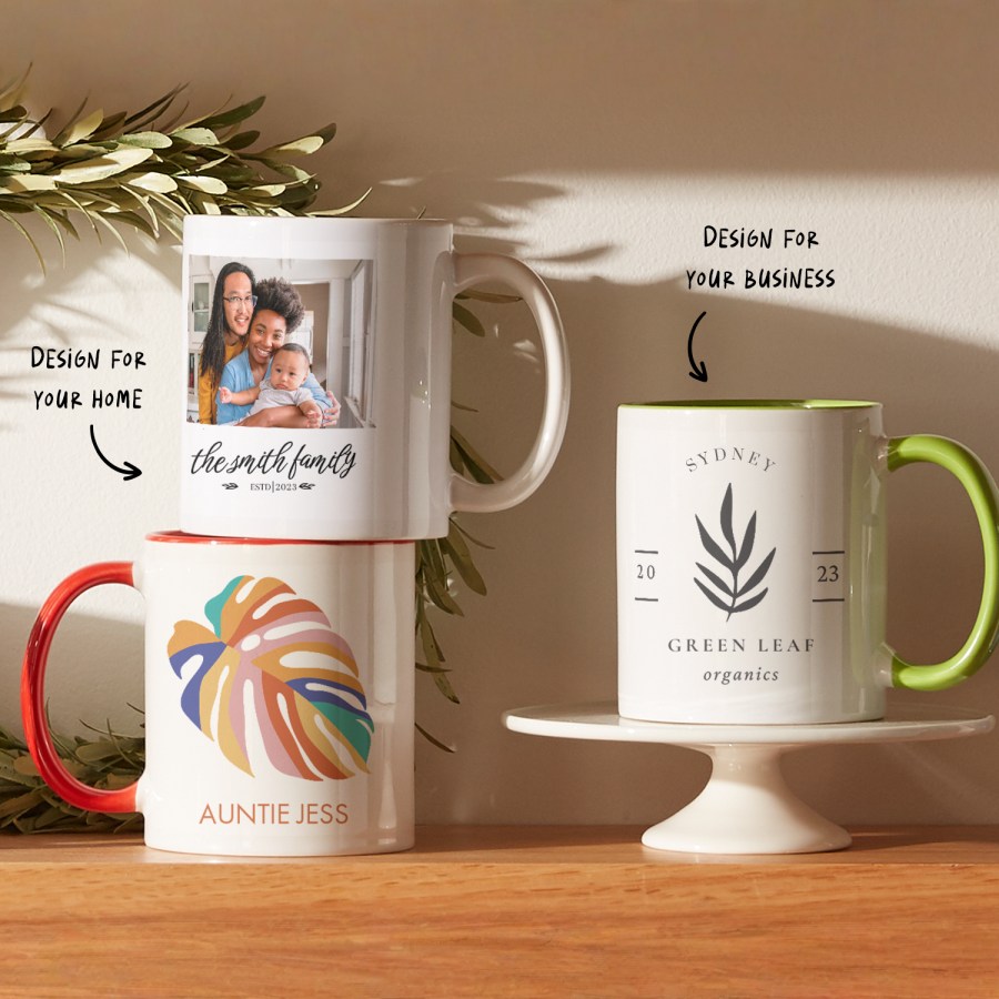 Three mugs side by side, featuring different designs for the home and for businesses. 