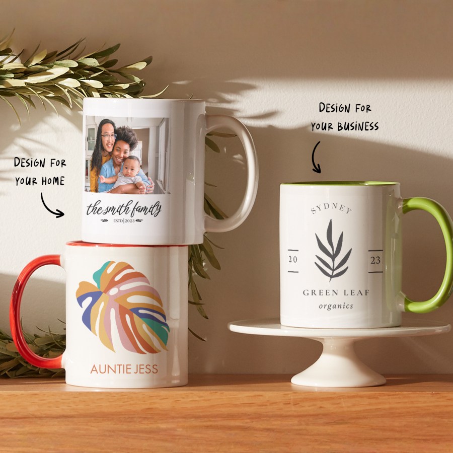 Three mugs side by side, featuring different designs for the home and for businesses. 
