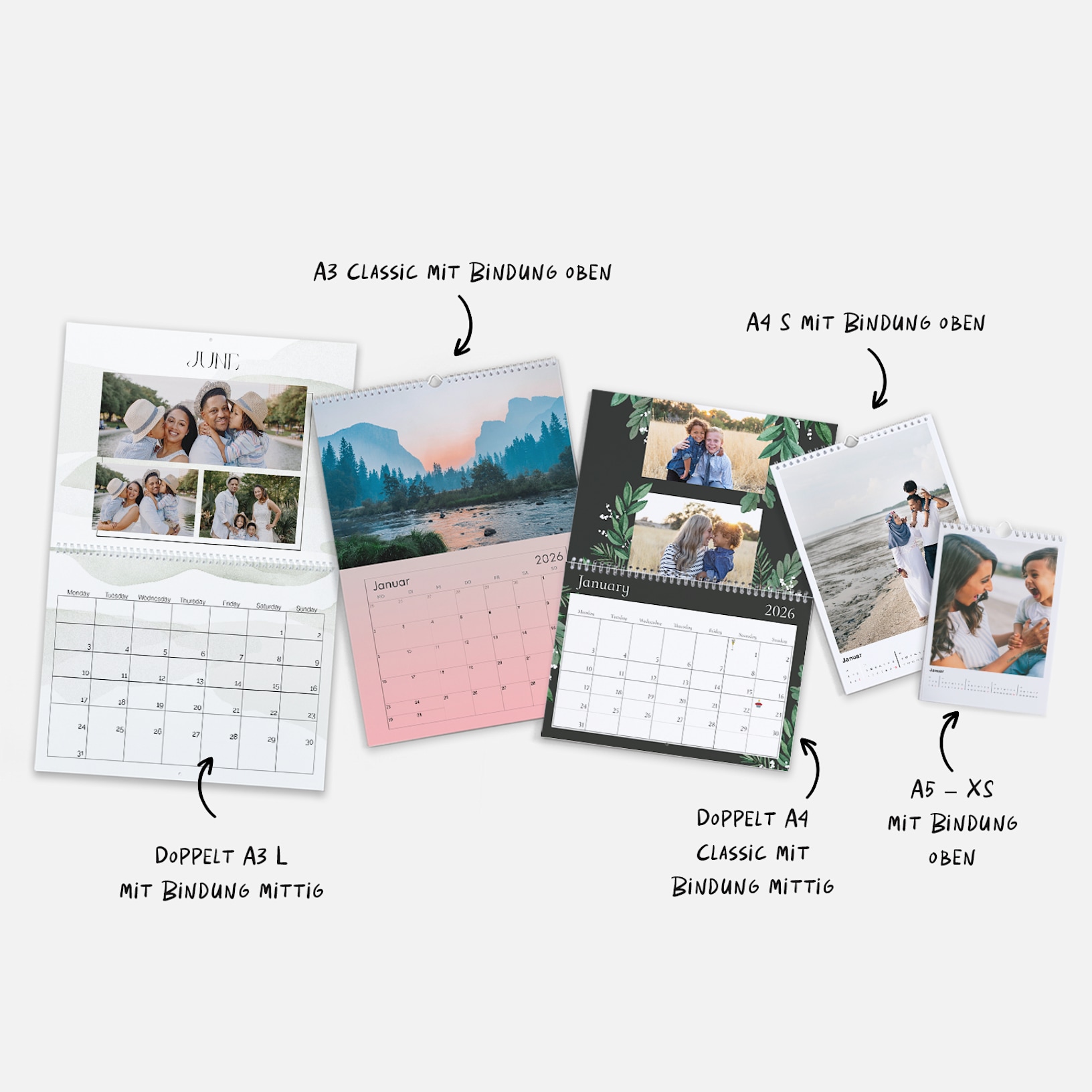 Beispiele f&uuml;r Wandkalender in den vier beliebtesten Formaten