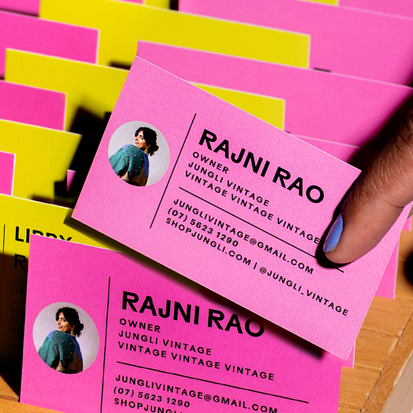 A business card promoting a vintage shop business.