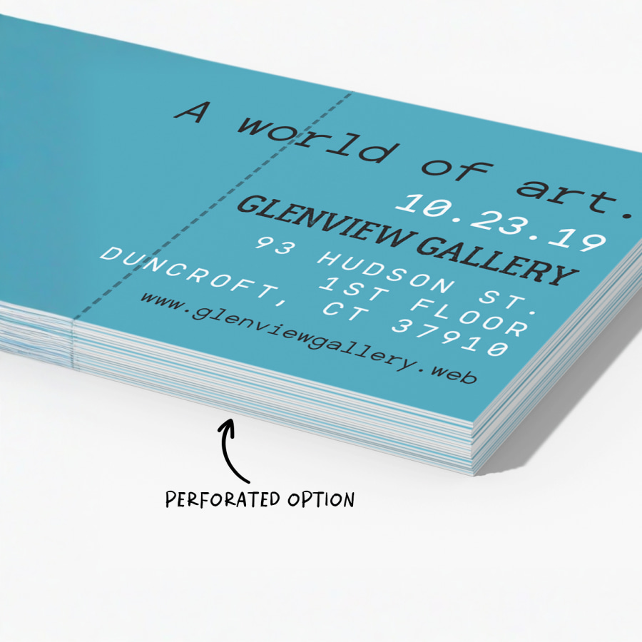 A perforated ticket to an art exhibition, with a note pointing out the perforated option available.