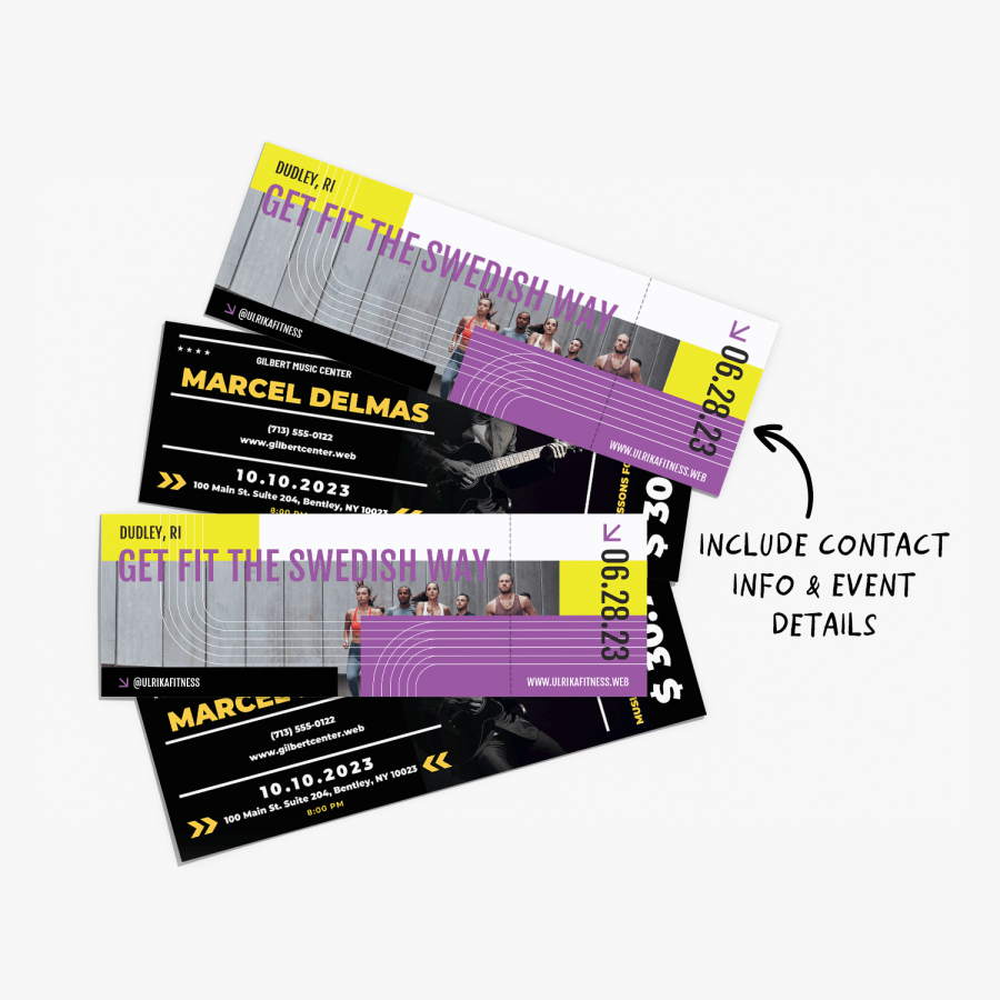 4 double-sided perforated tickets to a fitness event, with a note calling out the extra contact info & event details added to the stub.