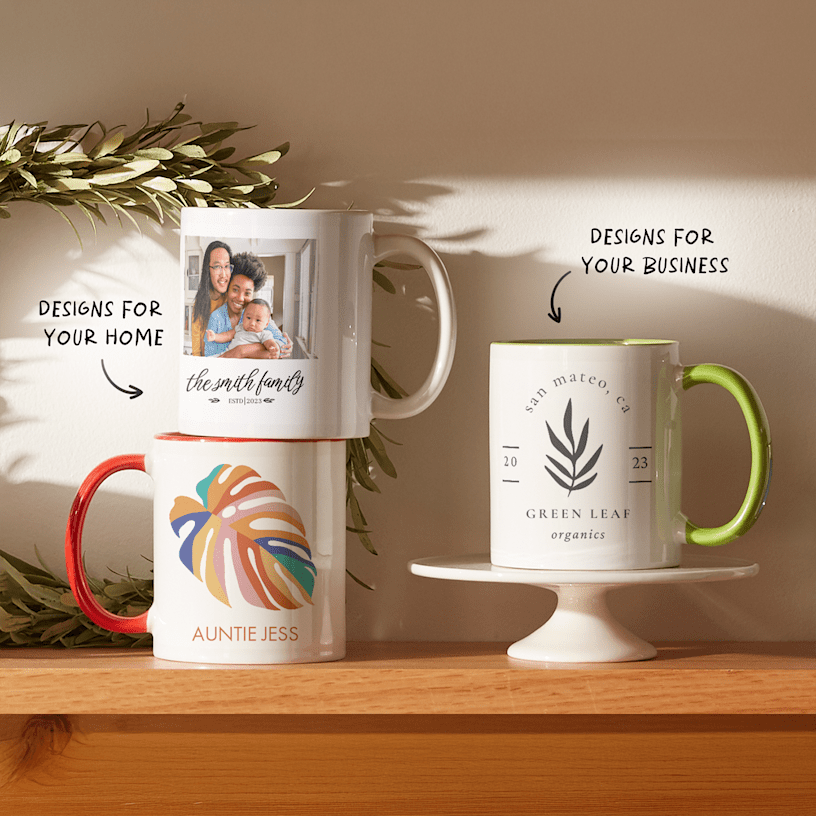 A group of three custom mugs with photos and designs, with a note that says there are mugs for businesses and mugs for the home. 