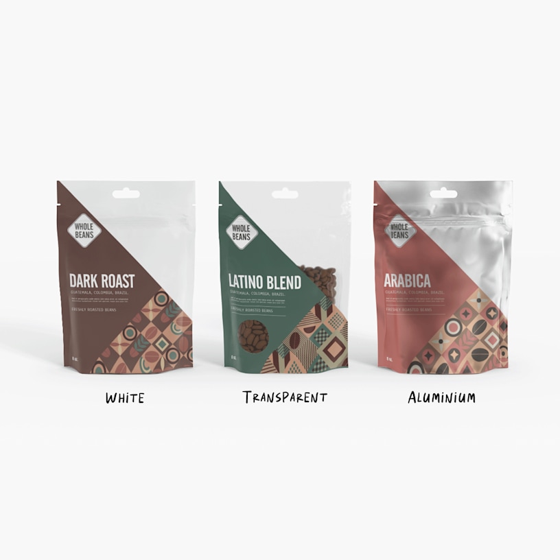 An image of a variety of coffees in stand-up pouches, featuring white, clear and metallized materials.