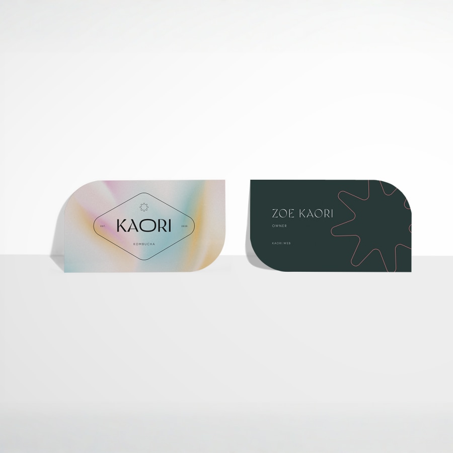 Front and back view of leaf business cards for a craft beverage company.