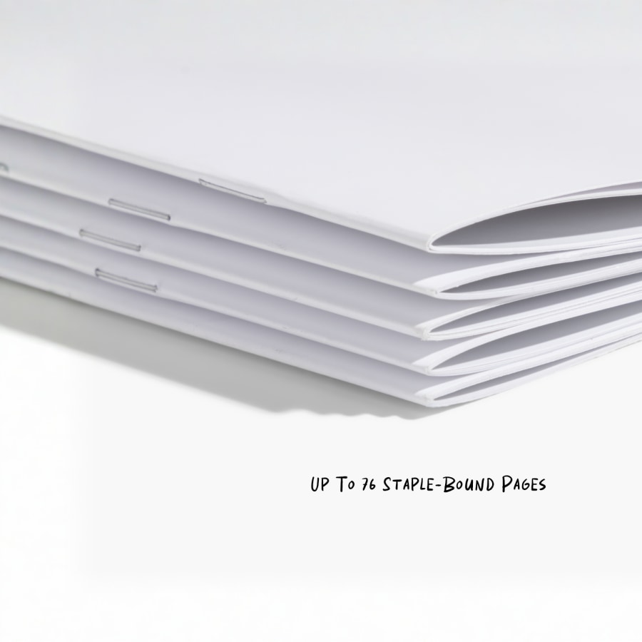 A stack of saddle-stitch booklets, with a note that they have up to 76 staple-bound pages.