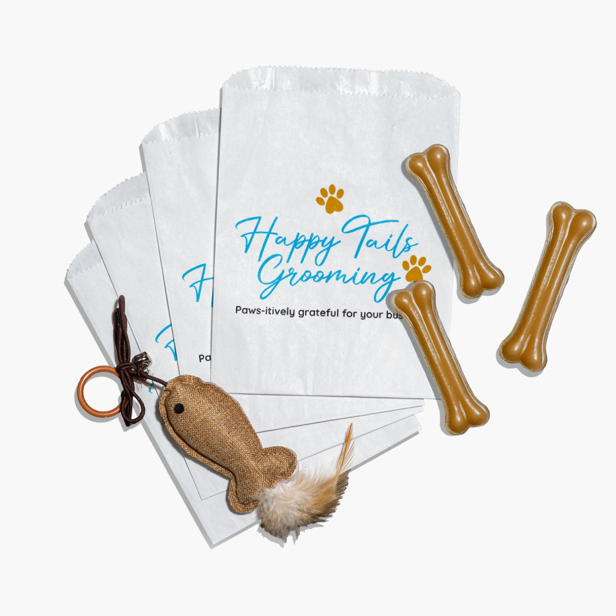 A favor bag personalized for a dog grooming business. 