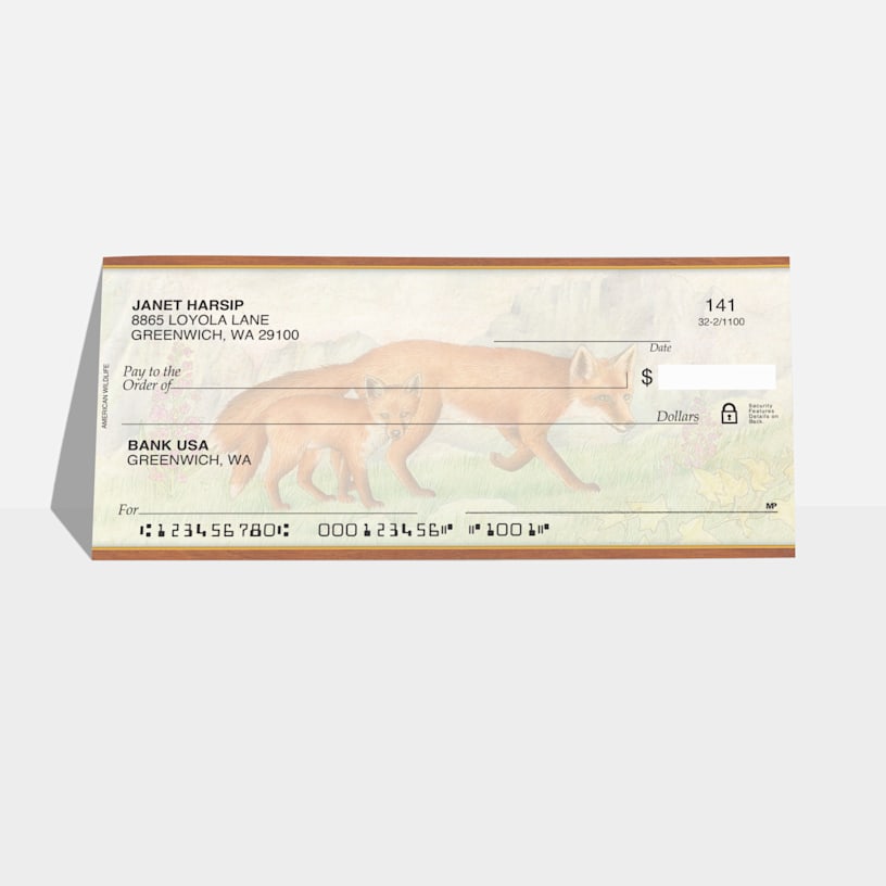 A personal wallet check with an animal watermark design featuring standard check elements.