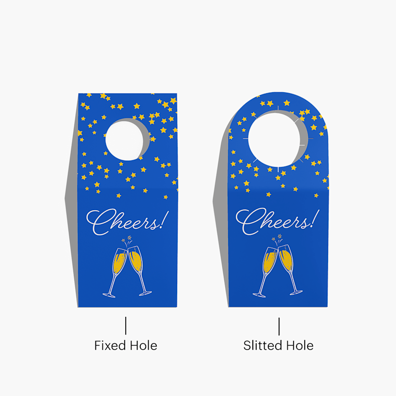 Two bottle neck tags, one with a fixed hole and one with a slitted hole.