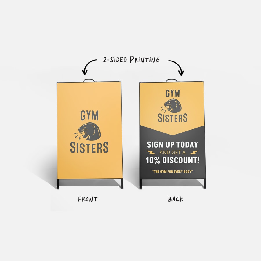 Two A-frames promoting a gym, with different designs on the front and back.