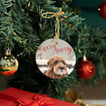 A Christmas ornament featuring a pet photo, hanging from a tree. 