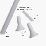 Assorted accessories for photo balloons, featuring a straw, cup and stem, with notes specifying which size balloons fit each accessory. 