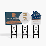 3 different shaped yard signs on black plastic stands.