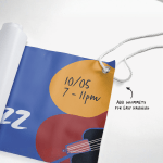 A hanging banner with grommets and rope, and the callout “Add grommets for easy hanging.