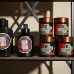 Assorted haircare products with branded packaging labels.