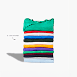 A pile of folded T-shirts in various colors, with a note that there are 13 color options. 