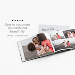 A photo book open to pictures of a mother and her two young children on the beach, and a customer review: “Easy to customize and came out beautifully!” 