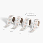 4 roll labels with each roll’s stickers facing a different direction, with a note pointing out that customers can select their preferred unwind direction for their roll labels.