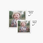 Two napkins featuring a photo of a one-year-old boy and a birthday message, with notes that one is a luncheon size and the other is a cocktail size. 