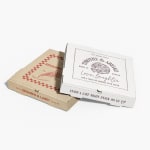 Custom pizza boxes with different brands on them.