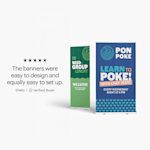 2 colorfully designed poke bowl retractable banners along with a quote from a satisfied customer about how easy they were to design and set up.